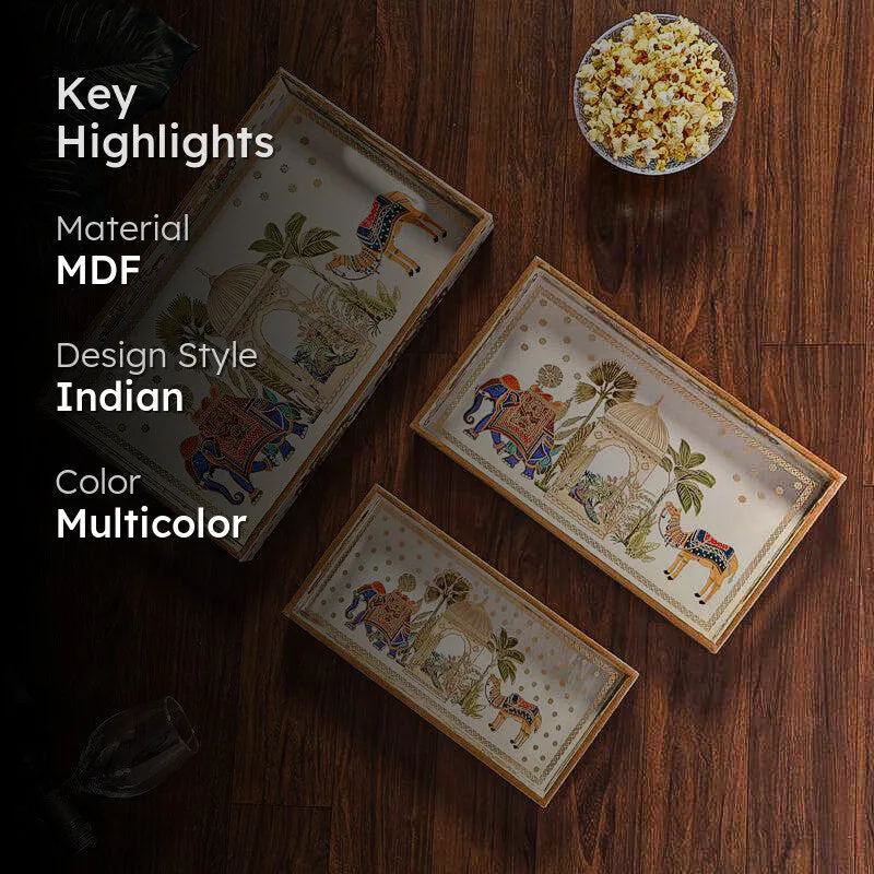 Rajvaha Premium Beige MDF Serving Tray Set - Pack of 3 media 2
