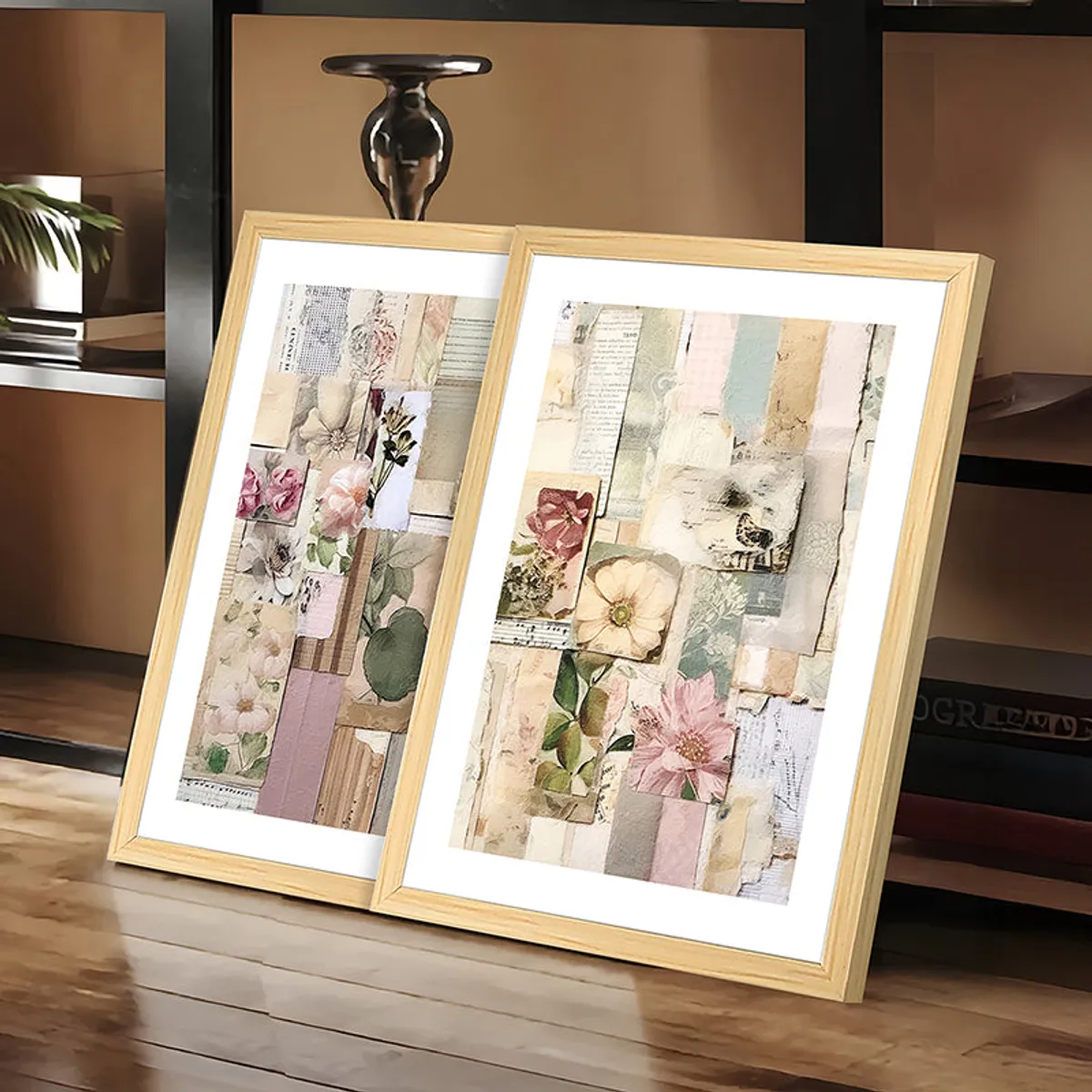 Two muted floral framed prints leaning on a wooden surface against shelving