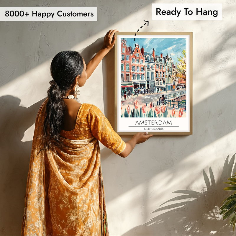 Vintage Amsterdam Framed Canvas Archival Canvas Wall Painting - Natural Brown Frame media 7
