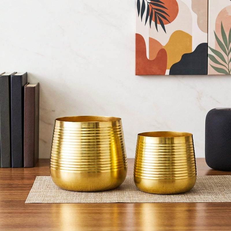Auric Metal Golden Ribbed Planter - Set Of Two