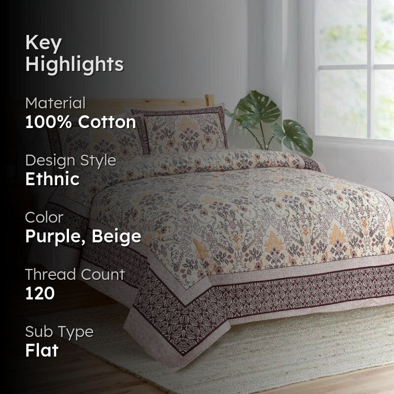 Mughal Jaali Printed Cotton Bedsheet (Purple,Beige) - 120 TC media 2