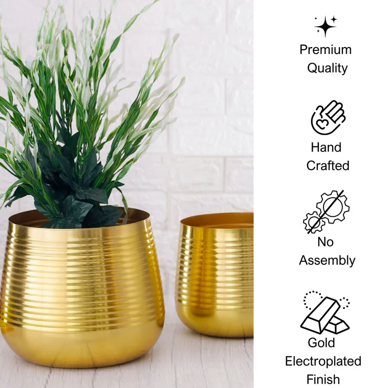 Auric Metal Golden Ribbed Planter - Set Of Two media 6