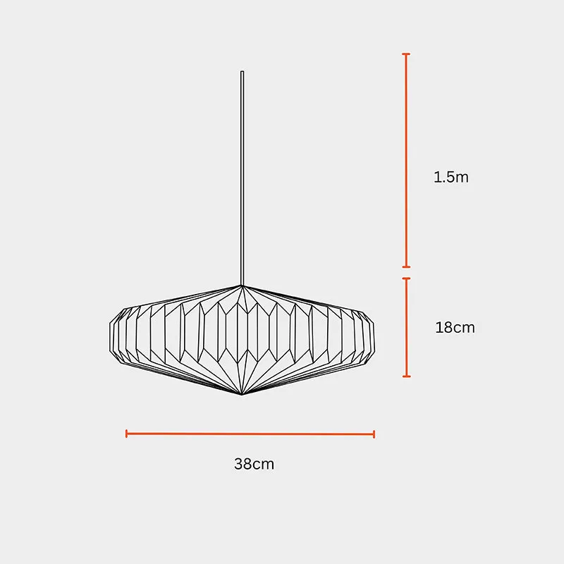 Line drawing of an oblong pendant lamp with dimension arrows