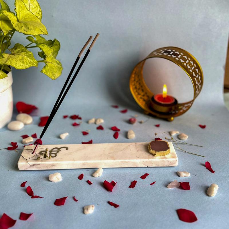 Ik Onkar Incense Holder With Rose Quartz Plating - Pink