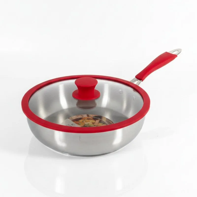 Silver frying pan with red-trimmed glass lid and red handle on a white background.
