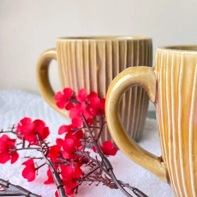 Stripe Ceramic Coffee Mug (300 mL Each/Mustard) - Set of Two media 3