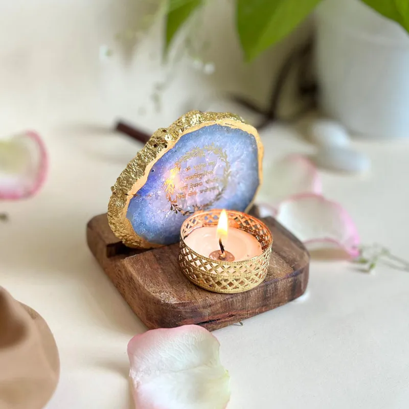 Gayathri Mantra Handcrafted Agate Religious Accent With Tealight Candle Holder - Blue media 3