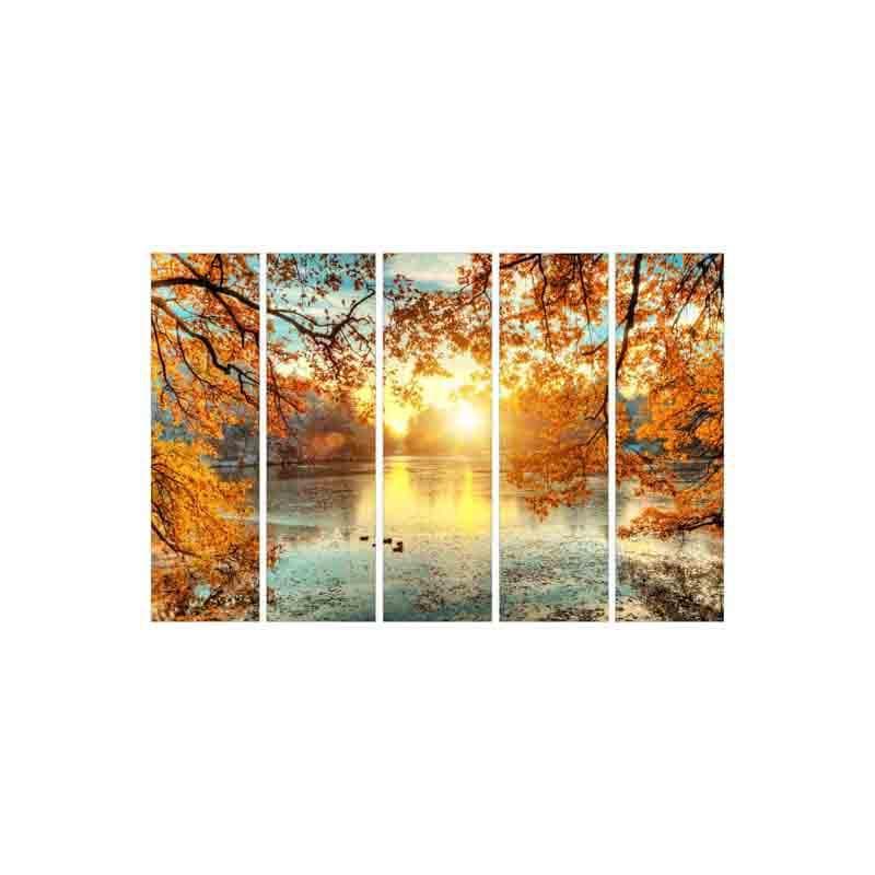 Lakeside Autumn Sunrise Canvas Wall Art - Five Piece Set media 4