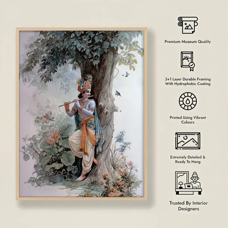 Sri Krishna Fluit Playing Blissful Archival Paper Wall Art - Natural Brown Frame media 8