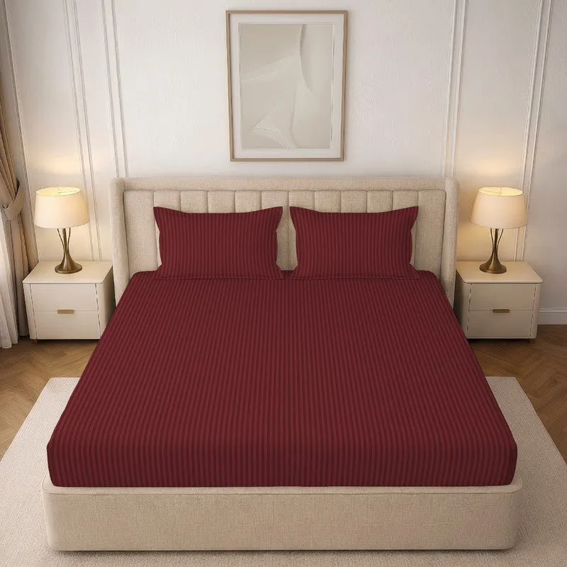 StripeScape Glace Cotton Fitted Bedsheet (Maroon) - 130 GSM - 5