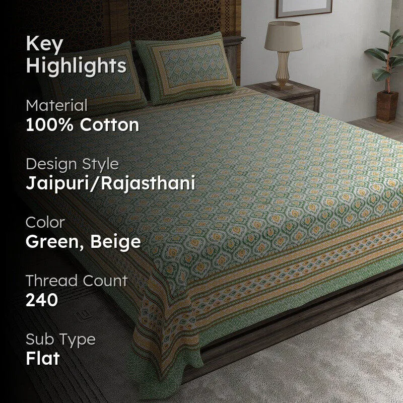 Leafa Cotton Bedsheet (Green,Beige) - 240 TC media 2