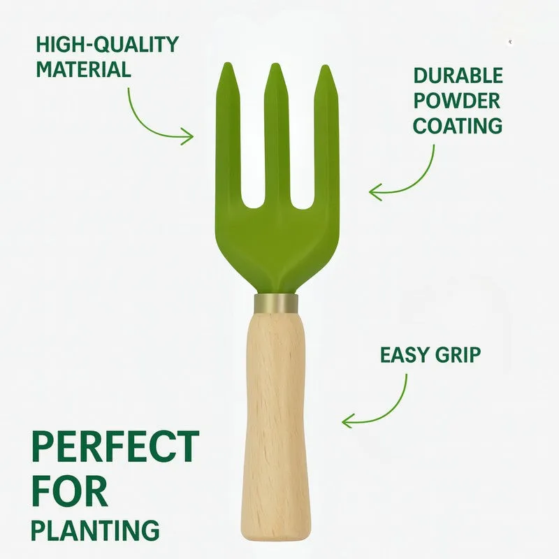 Green garden fork with a wooden handle shown against a white background
