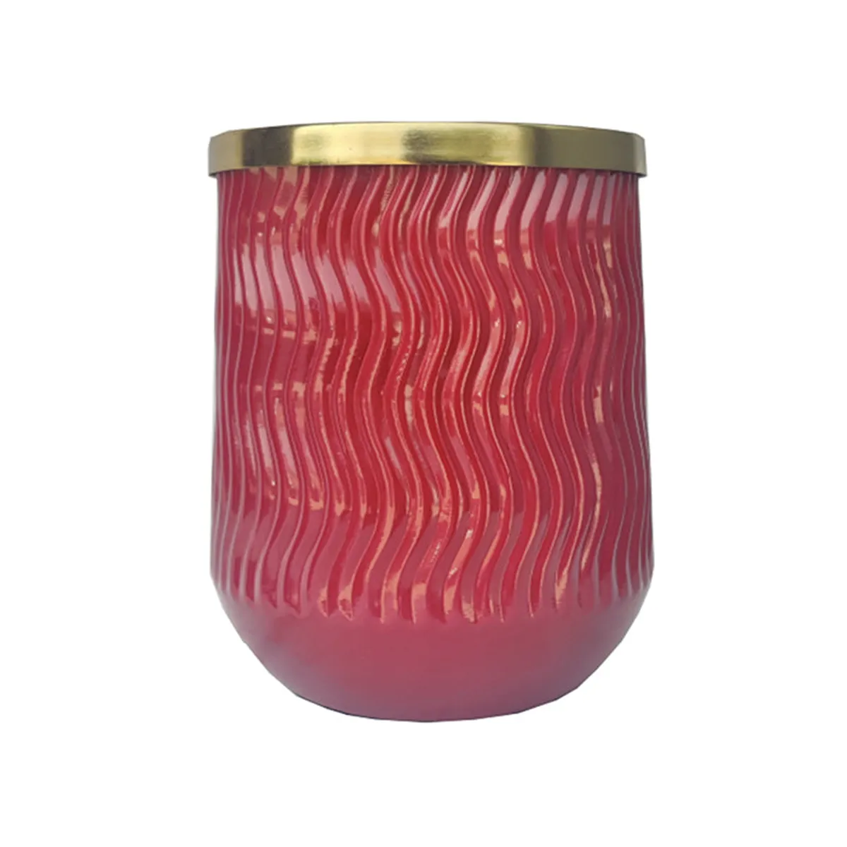 Front view of the red textured cylindrical vase with a gold-toned rim