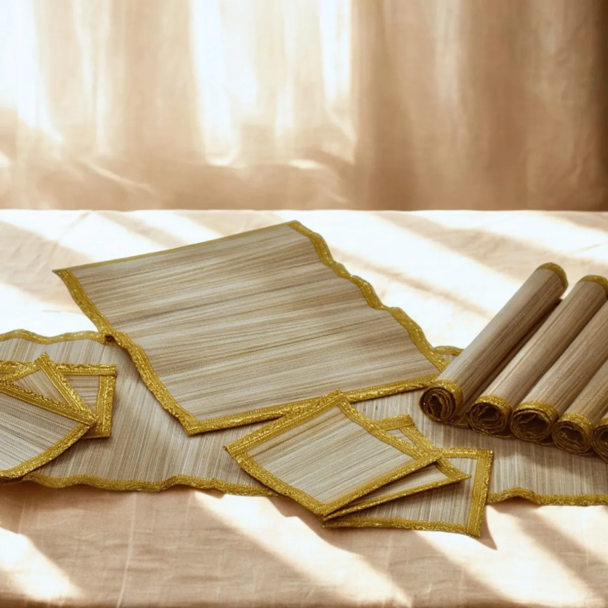 Beige and gold placemats, coasters and rolled pieces displayed