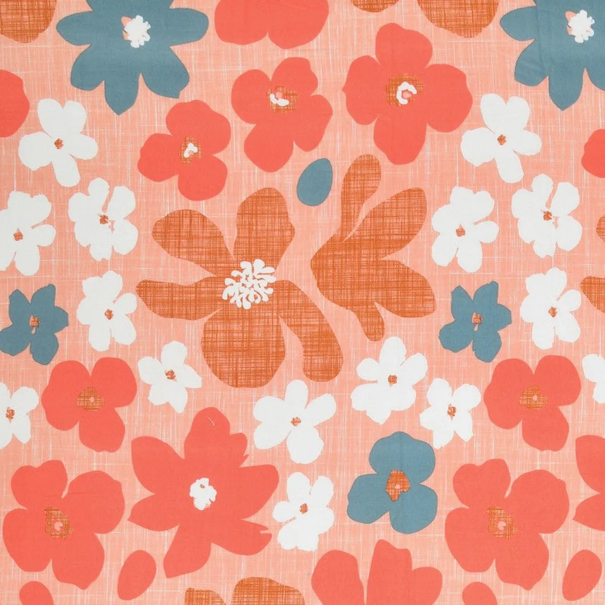 Detailed view of the oversized floral print in red, orange, white and teal.