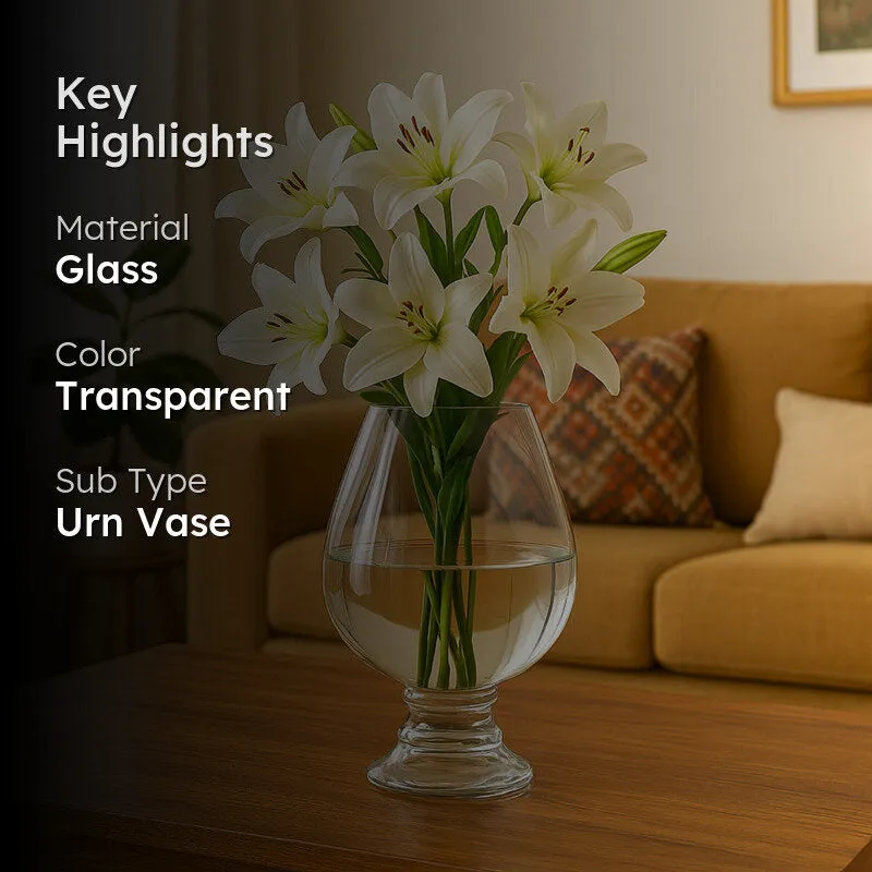 Transparent glass urn vase with lilies and key highlights overlay