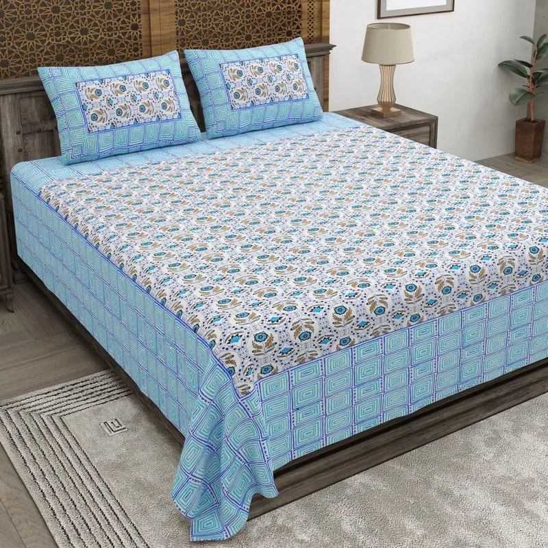 Aurao Cotton Bedsheet (Blue,White) - 240 TC media 1