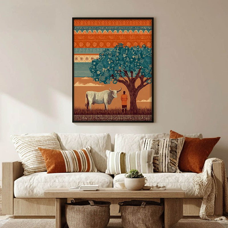Kamadhenu Canvas Wall Painting With Black Frame