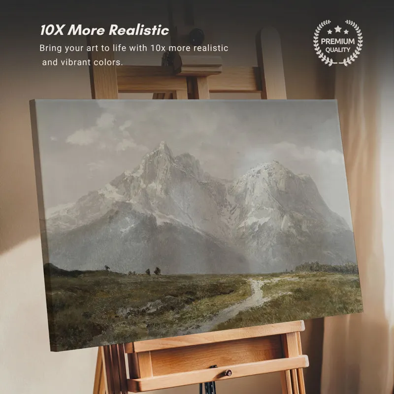 Mountain landscape artwork displayed on a wooden easel indoors