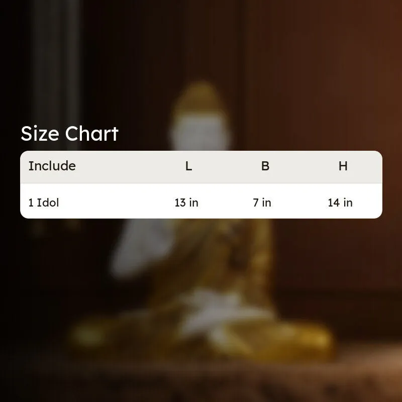 Size chart graphic shown over a blurred Buddha idol background
