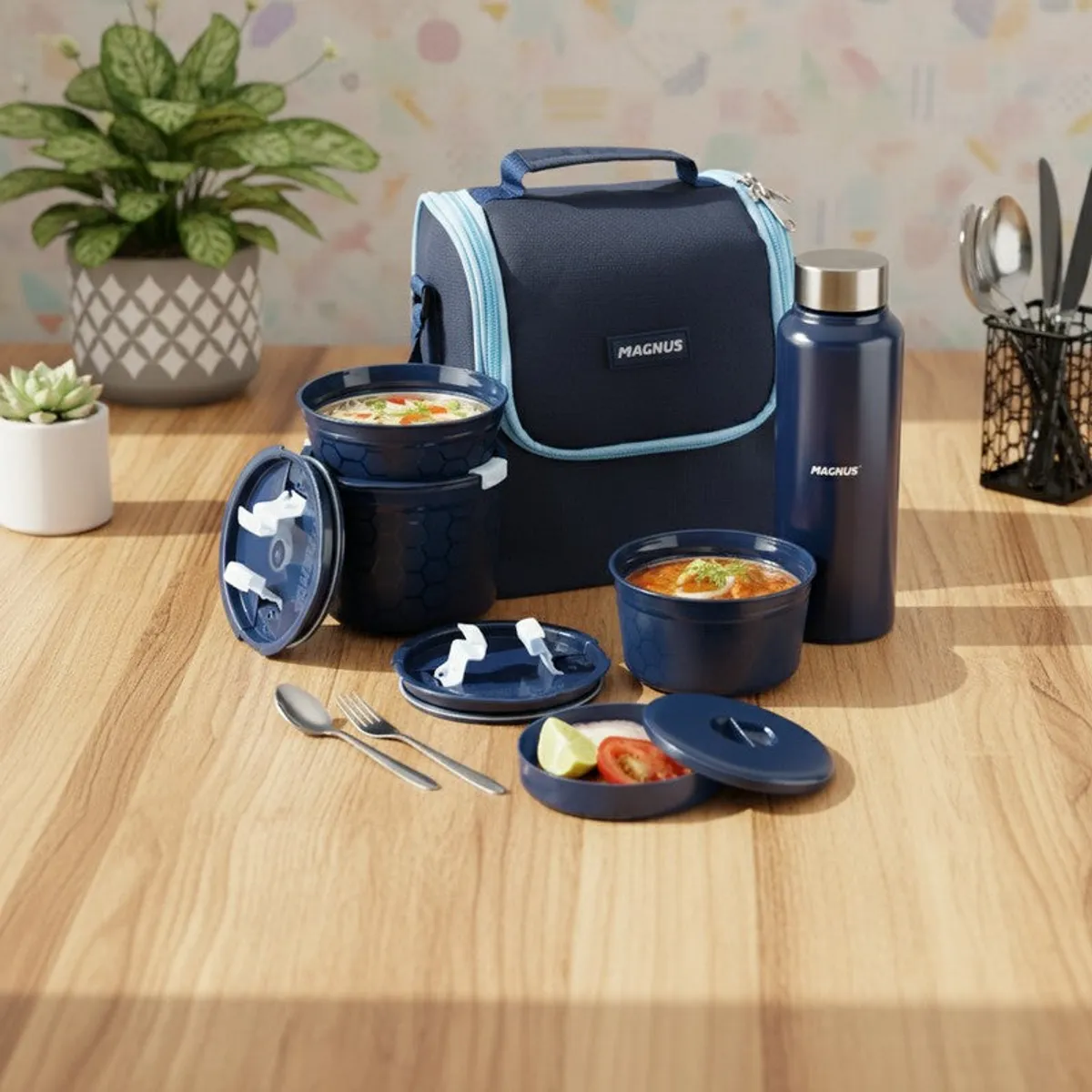 Blue lunch bag with containers, bottle, spoon and fork arranged on a wooden table