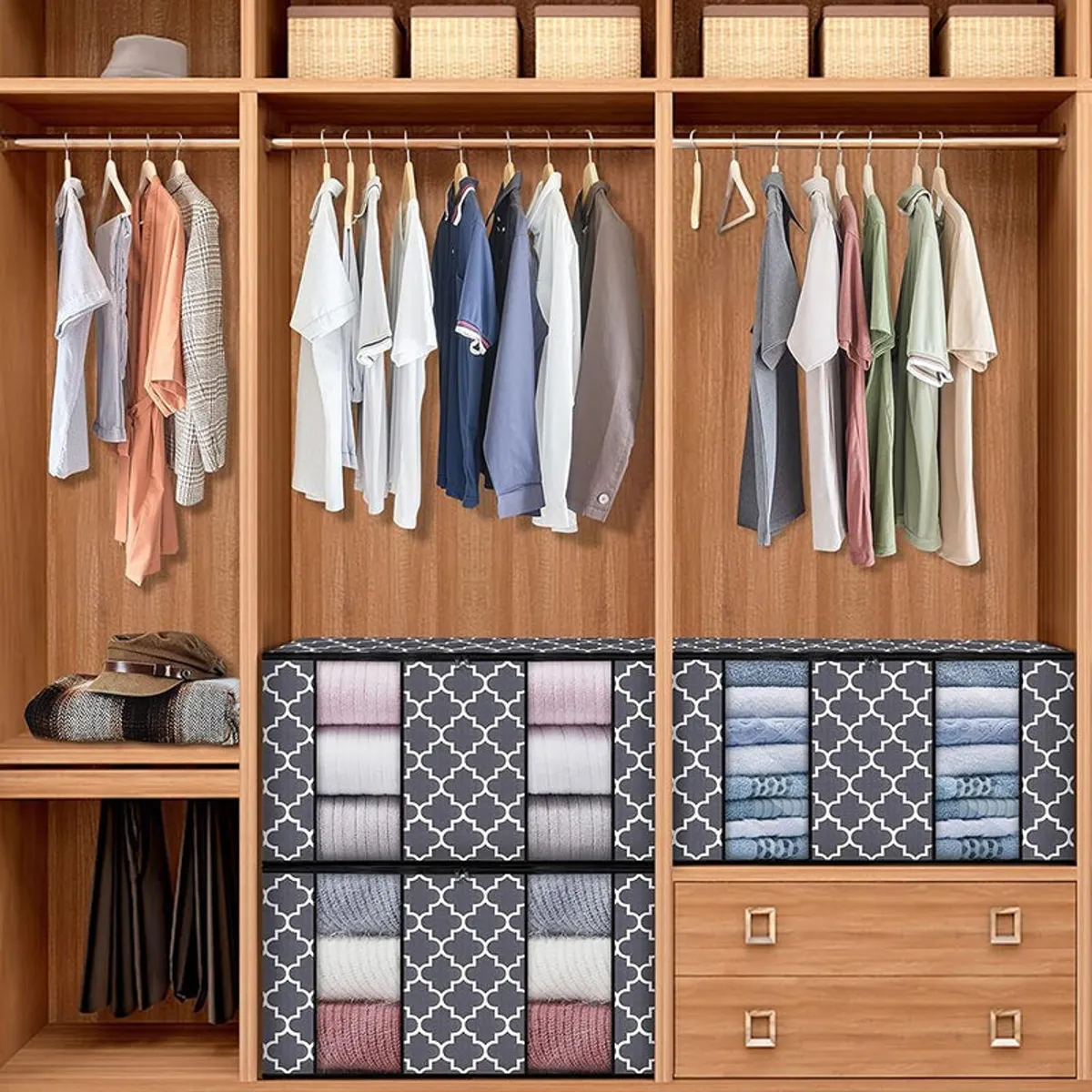 Patterned grey fabric organisers arranged inside a wooden wardrobe