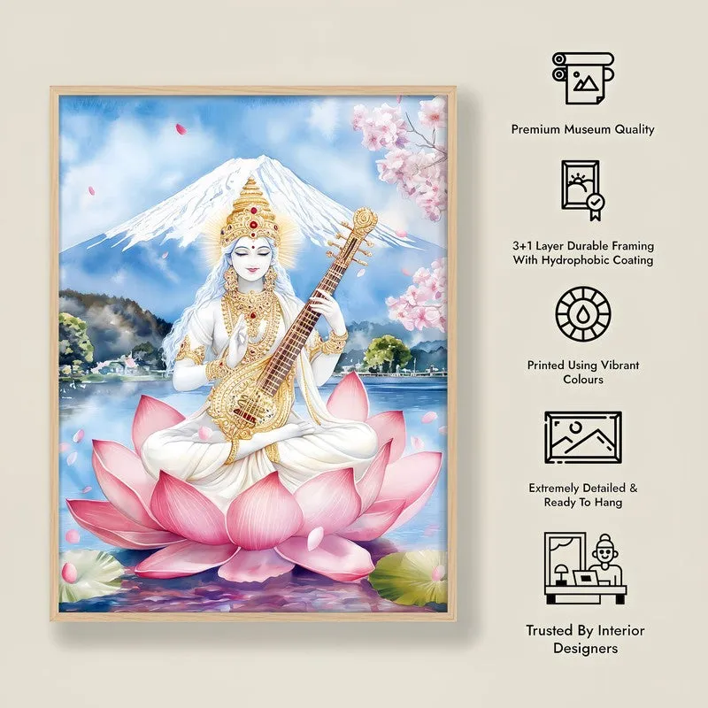 Padmasana Saraswati Spiritual Archival Paper Wall Painting - Natural Brown Frame media 8