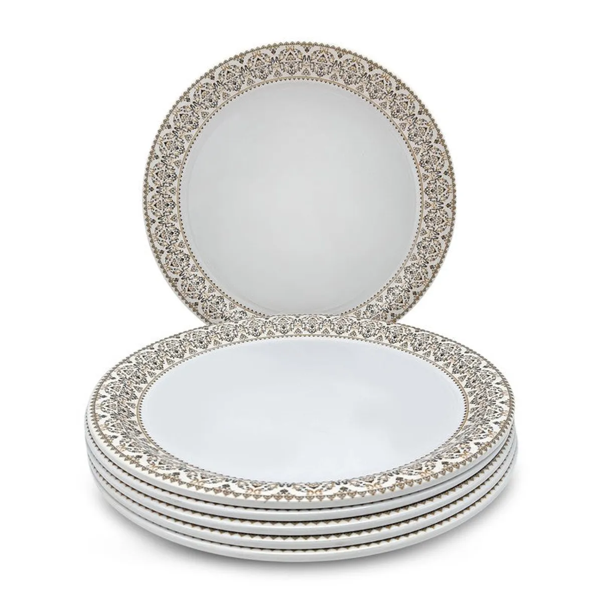Stack of six white quarter plates with matching intricate decorative borders.