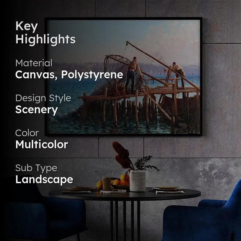 Fisherman By The Bay Canvas Wall Painting - Black Frame media 2