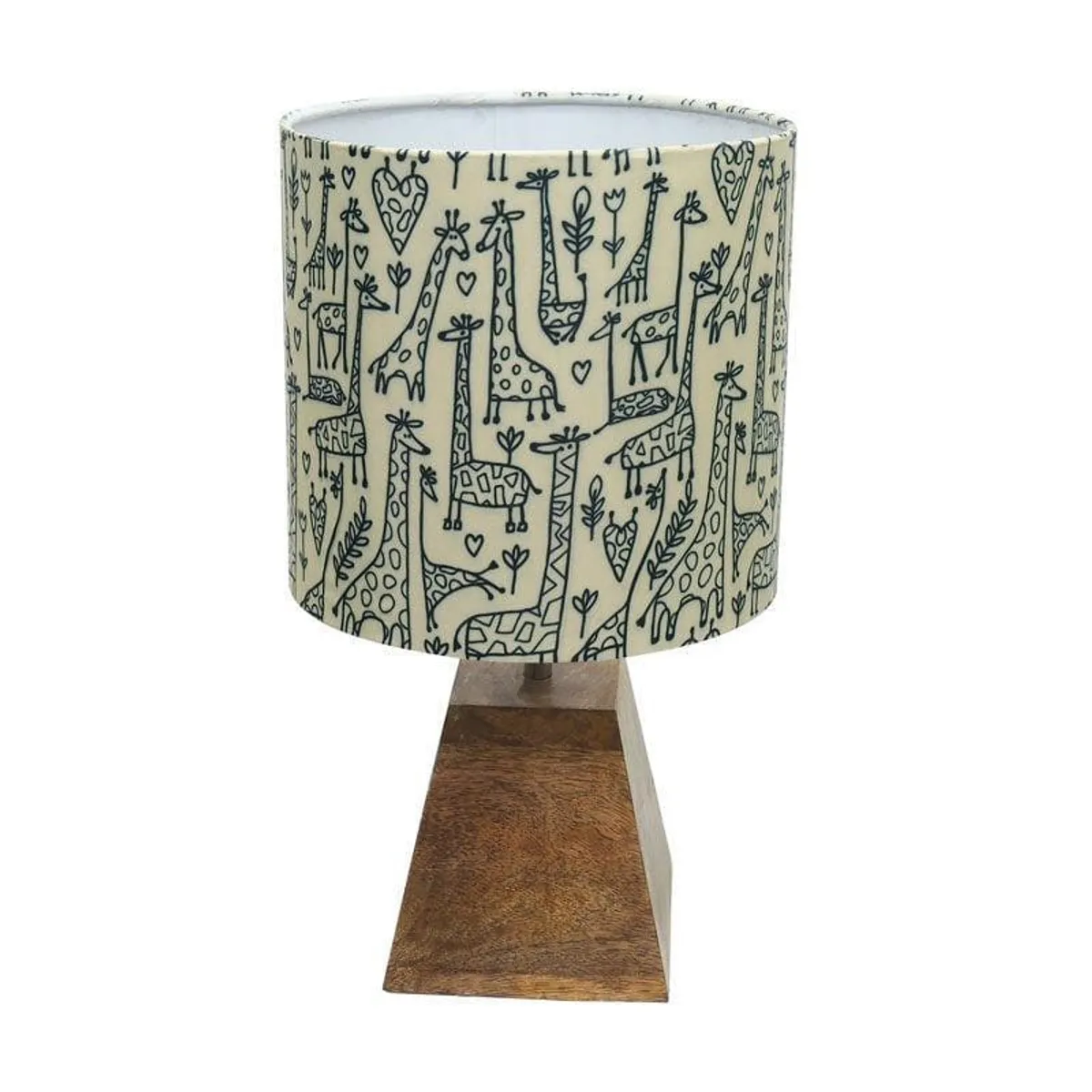 Table lamp with beige giraffe-print cylindrical shade and brown tapered base