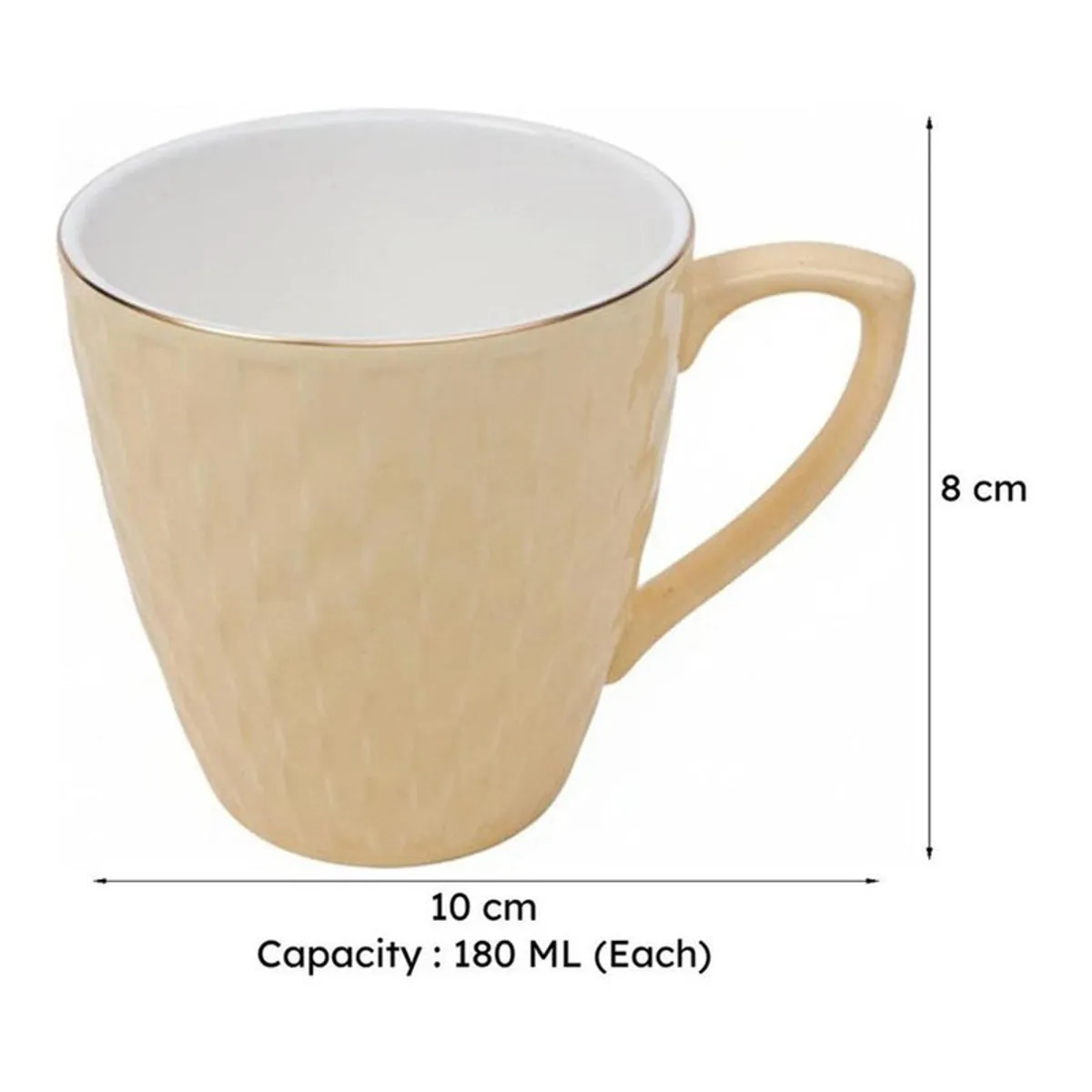 Ivory tea cup shown with length, height and capacity information