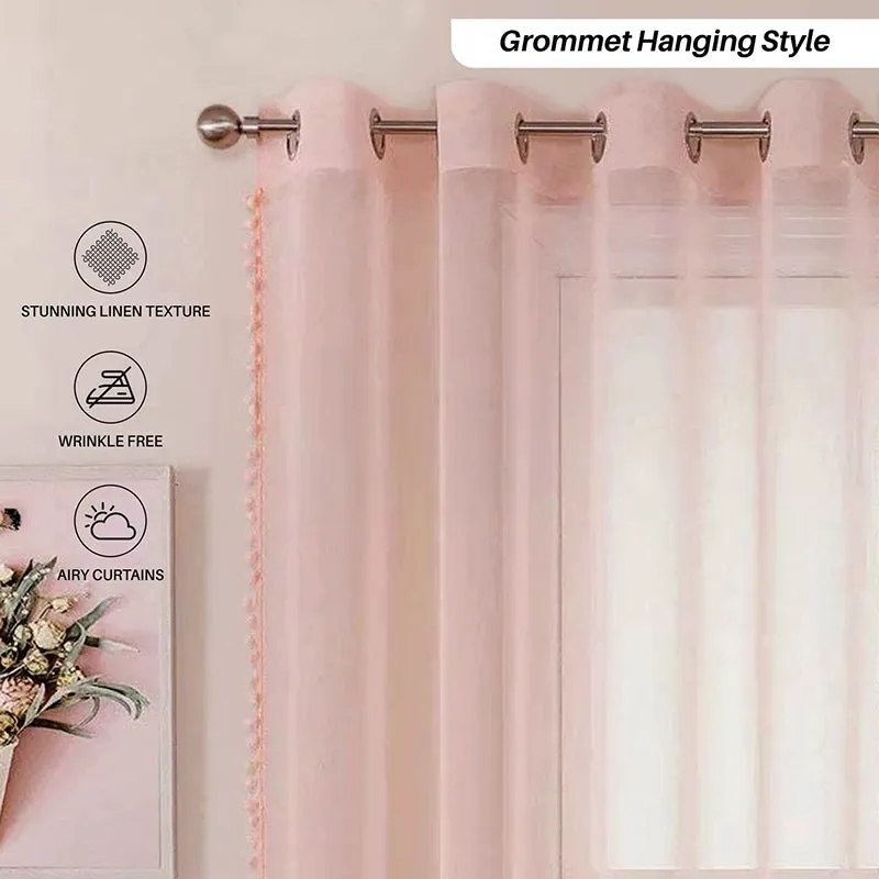 Urban Space Linen-Texture Curtain With Pom Pom (Blush Pink) - Set Of Two media 7