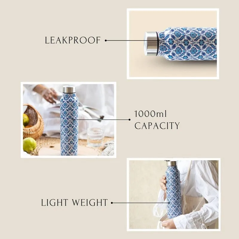 Blue Moroccan Print Stainless Steel Water Bottle (1000 mL Each) - Set Of Two media 5