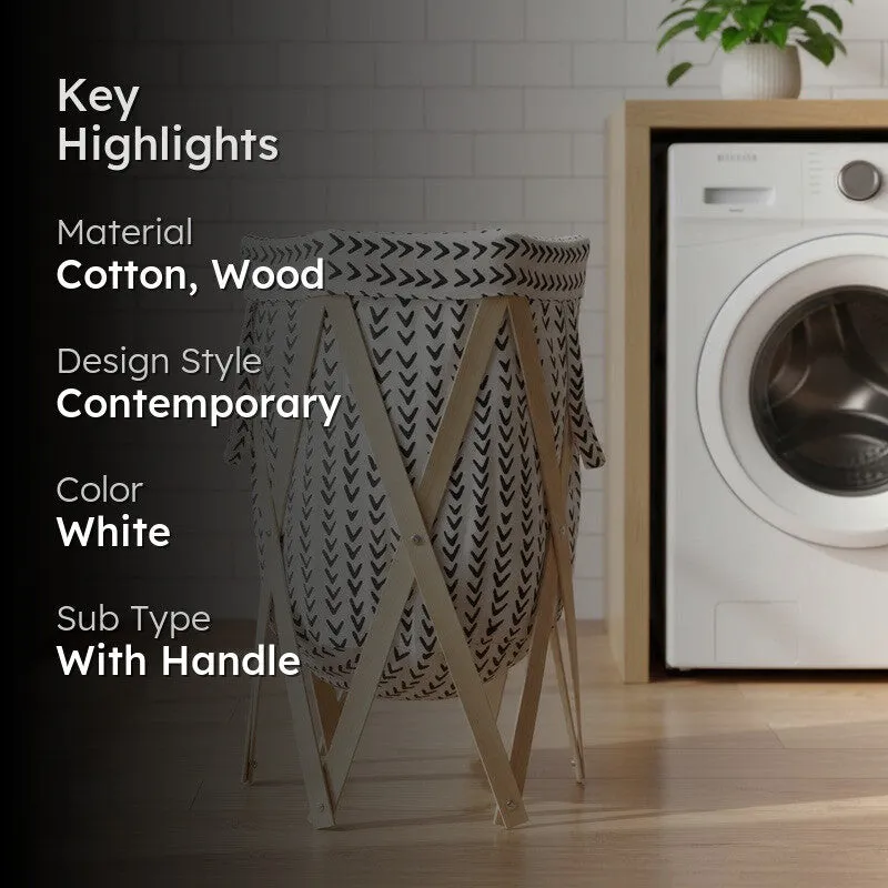Wash Aura (Cotton,Wood) Laundry Basket - White media 2
