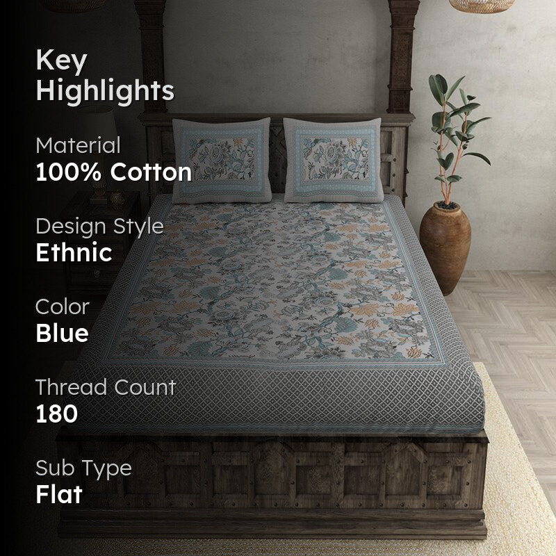 Gomti Ethnic Cotton Bedsheet (Blue) - 180 TC media 2