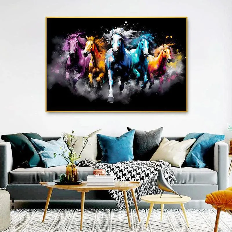 Cosmic Stallions Canvas Wall Painting With Frame - Gold media 1