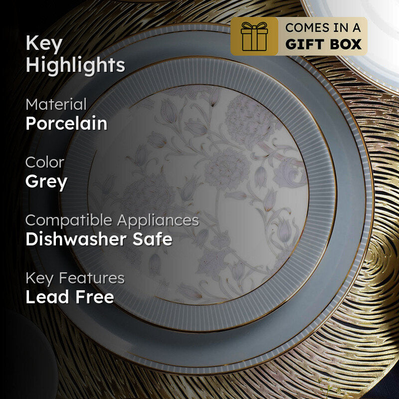 Gilded Iris 24k Gold Brushed Porcelain Dinner Set (Grey) - 21 Piece Set media 2
