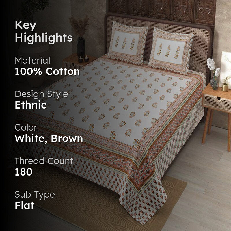Vira Ethnic Cotton Bedsheet (White,Brown) - 180 TC media 2
