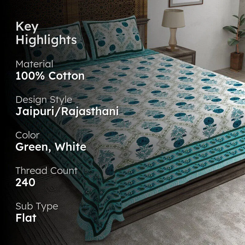 Vineen Cotton Bedsheet (Green,White) - 240 TC media 2