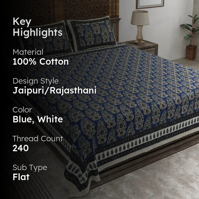 Floray Cotton Bedsheet (Blue,White) - 240 TC media 2