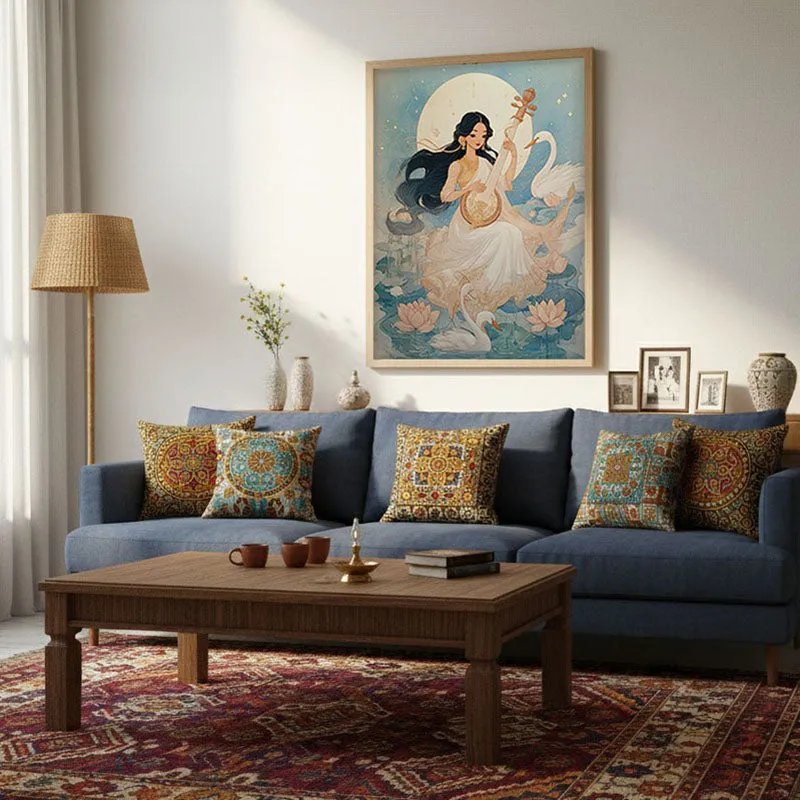Goddess Saraswati Playing Bina Blissful Archival Paper Wall Art - Natural Brown Frame media 4