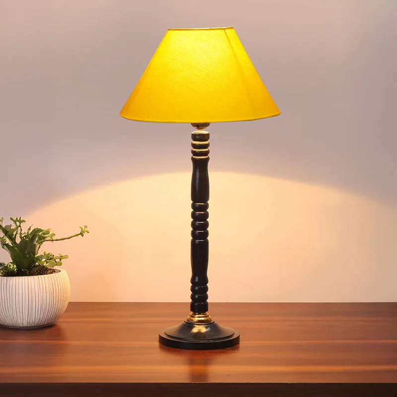 Glow Mesa Table Lamp With Carved Wooden Base - Yellow,Black media 1