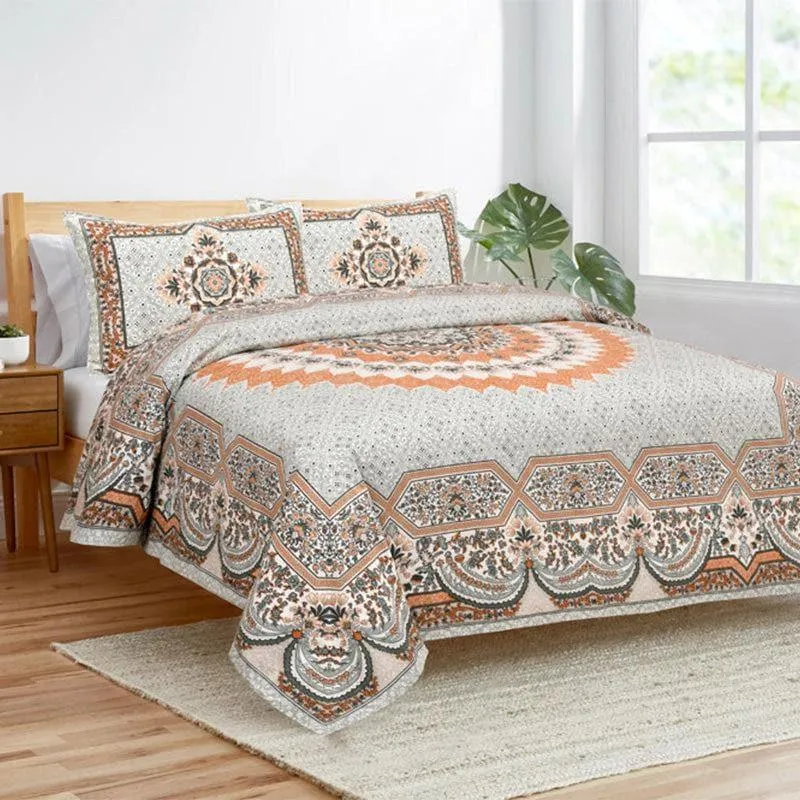 Sudrisha Ethnic Cotton Bedsheet (Orange) - 160 TC media 1