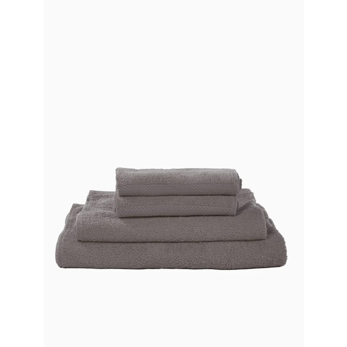 Three folded grey towels stacked neatly on a white background