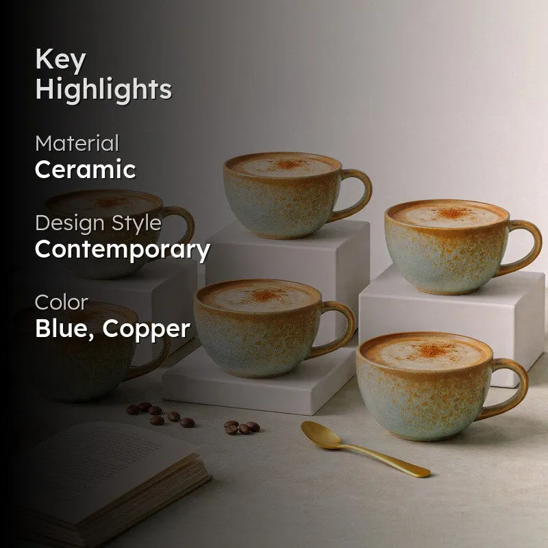 Cuddle Ceramic Tea Cup (250 mL Each),Blue,Copper) - Set Of Six media 2