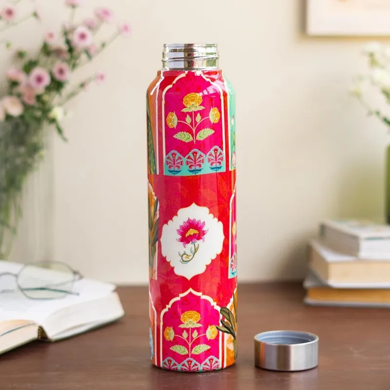 Floral Red Printed Stainless Steel Water Bottle (1000 mL Each) - Set Of Two media 6
