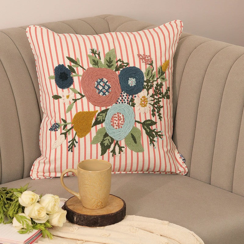 Blush Bloom Embroidered Cotton Cushion Cover
