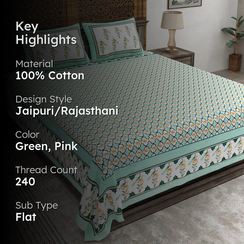 Patternza Cotton Bedsheet (Green,Pink) - 240 TC media 2