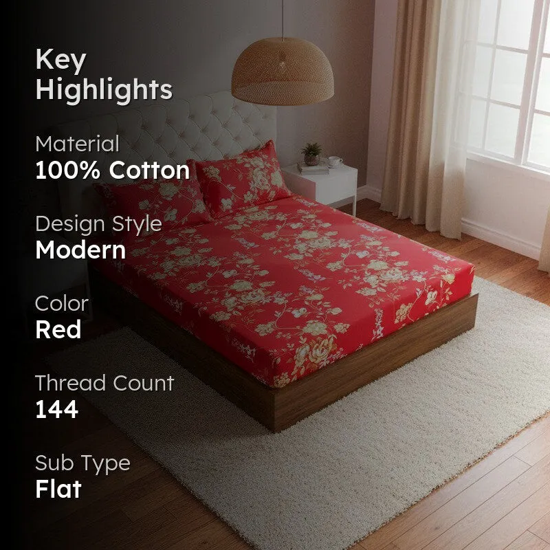 Layla Floral Neon Print Cotton Bedsheet (Red) - 144 TC media 2