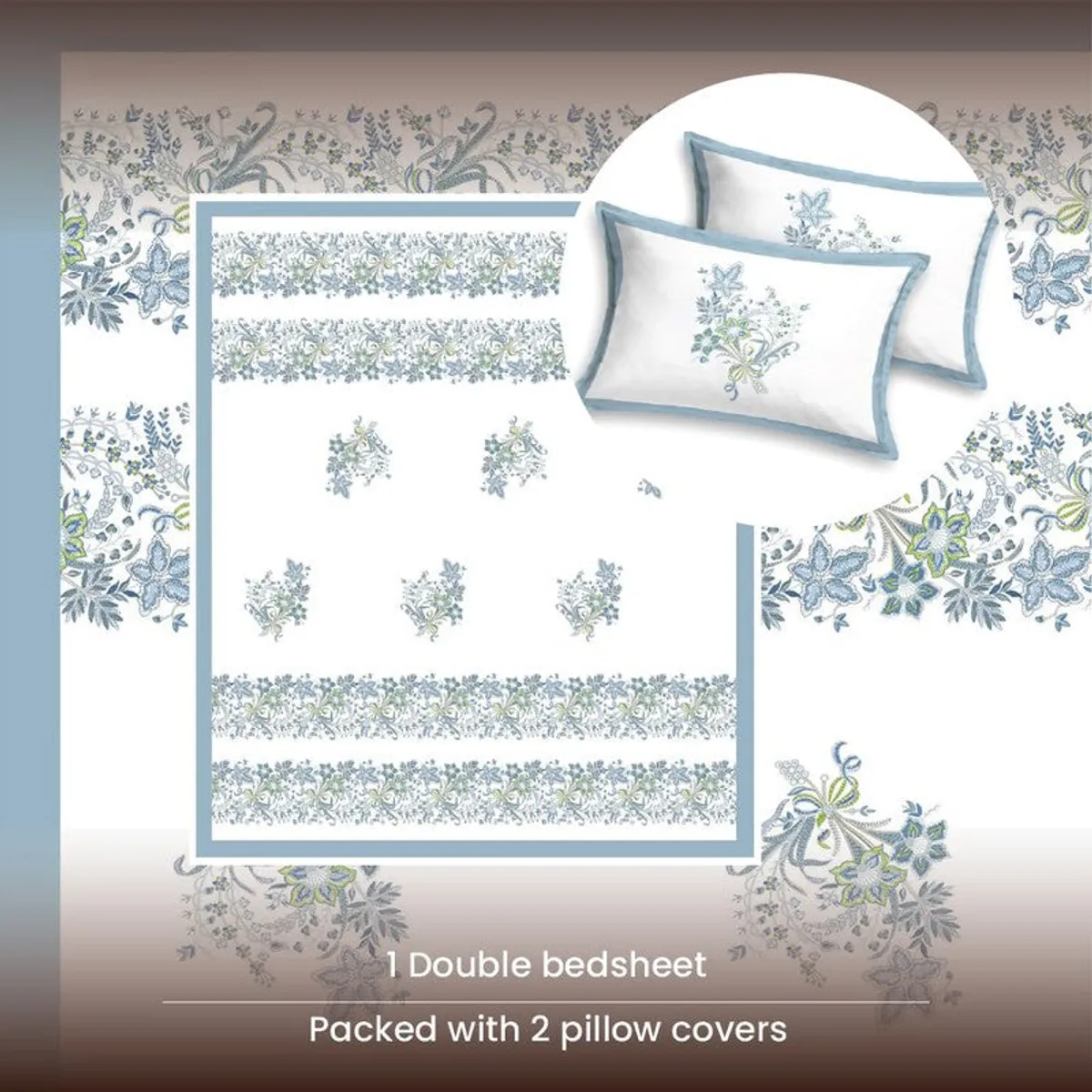 Blue and white floral bedsheet layout with two matching pillow covers